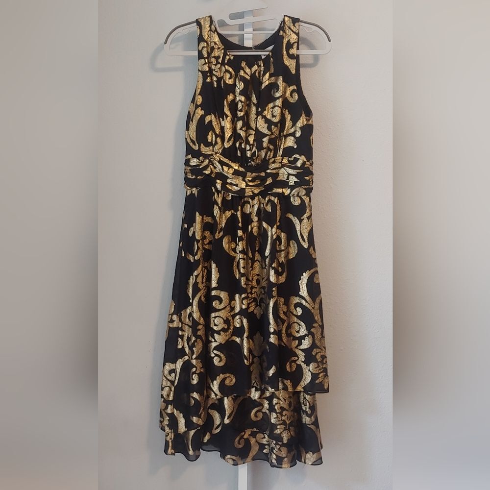 Black & Gold Sleeveless High-Low Party Dress